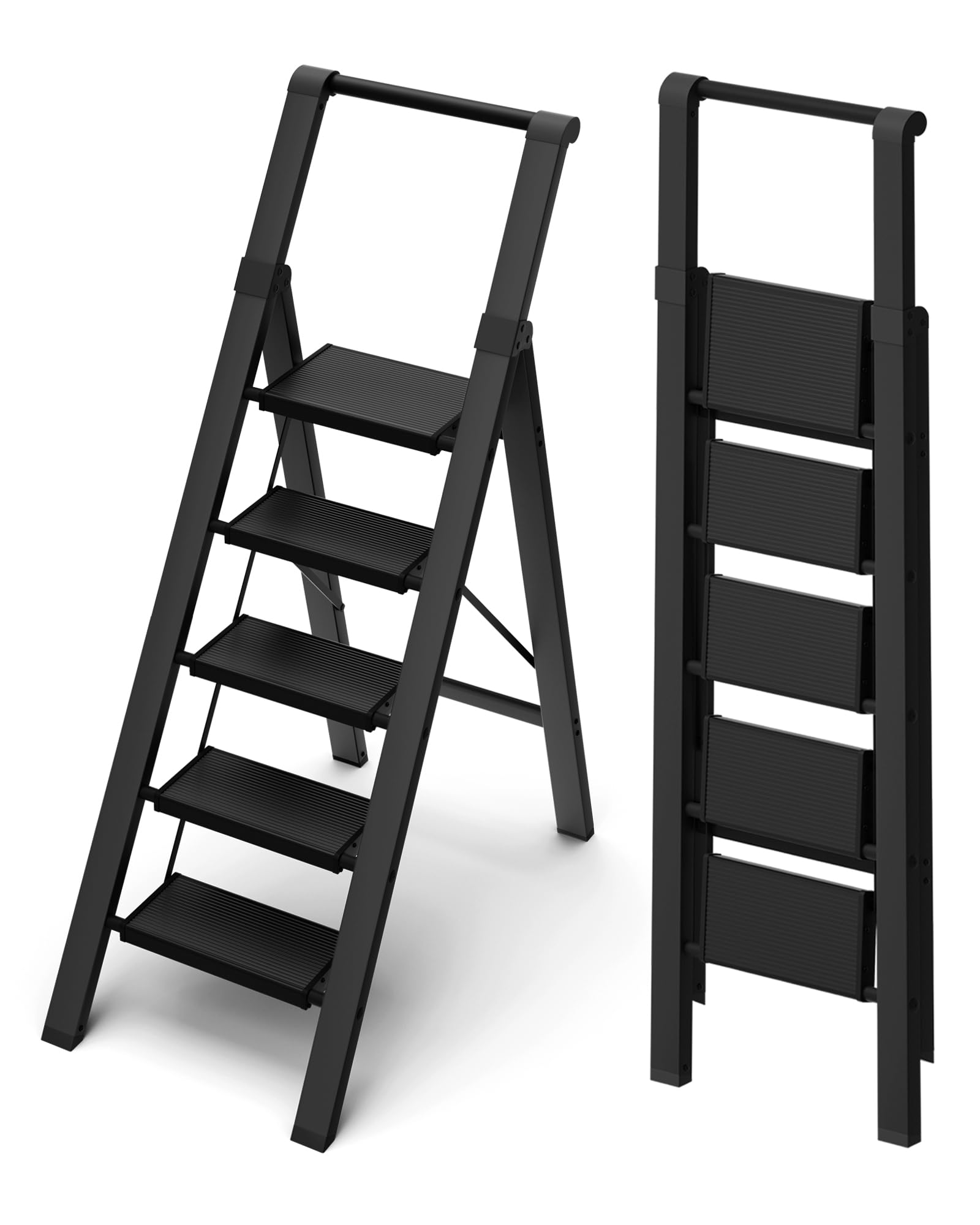 Photo 1 of ***DAMAGED -BENT/DENTS -SELLING AS PARTS ***ONE LADDER***  BEFITMACE 5 Step Ladder, Lightweight Folding Step Stool with Convenient Handgrip, Aluminum 330lbs Capacity Step Ladder for Office, Household, Kitchen(Black)