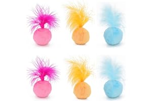 PETFAVORITES Furry Rattle Ball Cat Toy with Feather and Catnip - Interactive Pom Pom Balls for Cats, Soft and Lightweight, 2 Inch, 6 Pack.