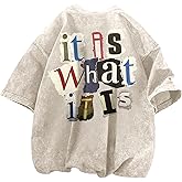 Zoemghc Men's Graphic Tees Funny Letter Print Vintage Oversize T Shirts Acid Wash Shirt Streetwear Rapper Casual Tee Top