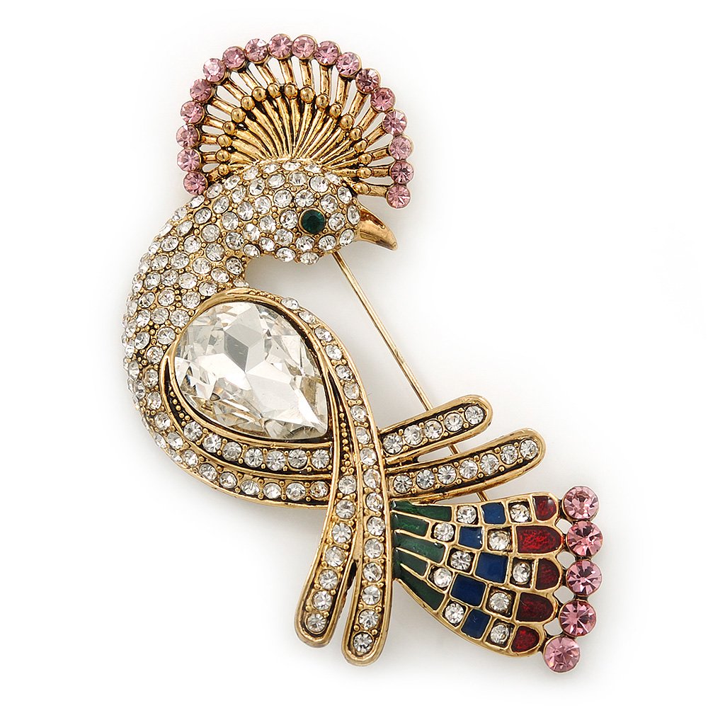 Gold Plated Clear, Pink Austrian Crystal Paradise Bird Brooch - 75mm Length