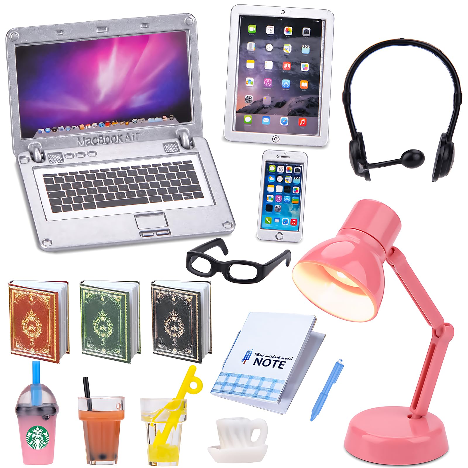 15Pcs Dollhouse Miniature Laptop Computer Tablet Phone Lamp Book Glasses Coffee Headset Simulation Accessories 1/12 1/6 Toy Pad Play Set Fits Barbie Doll Girl Mini Drink Party Office (A)