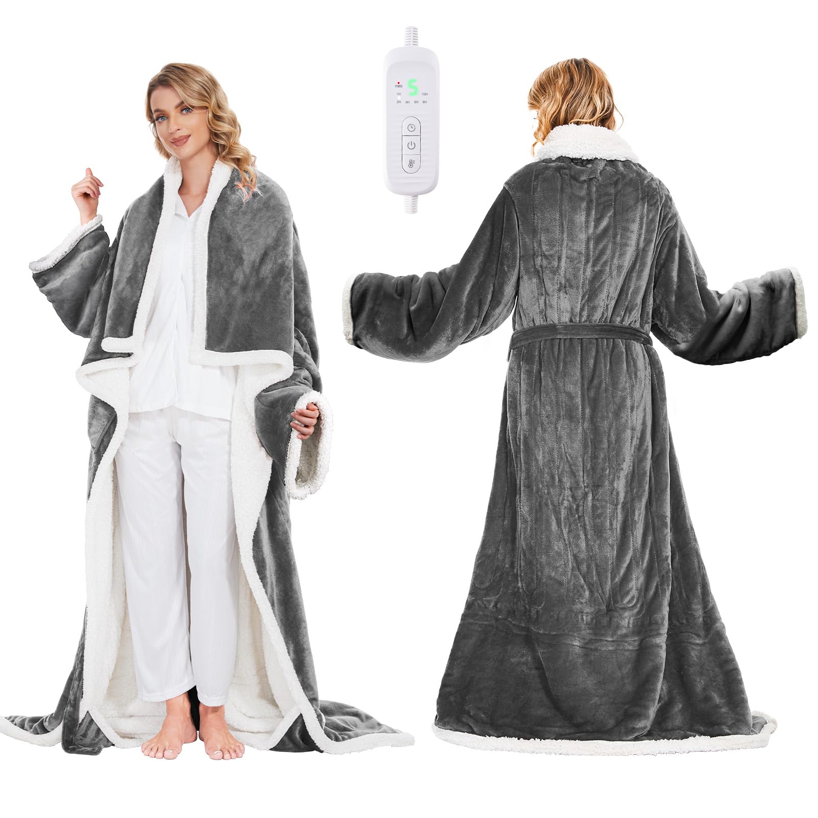 Portable Heated Blanket - Wearable Heated Blanket Throw with Foot Pockets, Sleeves Flannel Sherpa Wearable Blanket 8 Heating Levels & Timer Snuggle Blankets for Home Office - Heated Robe 50*70