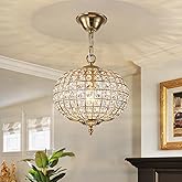 HUOKU 12" Globe Crystal Chandelier, Farmhouse Round Gold Crystal Pendant Light 1-Light Antique Foyer Chandelier for Dining Ro