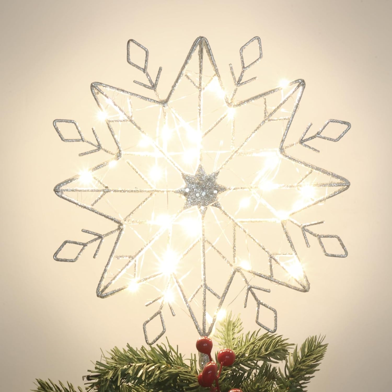 Tree Toppers - Christmas Tree Topper, PHITRIC 10 Inches Double Layered Silver Snow Lighted Tree Topper, 8 Points 30 LED Lights Silver Glitter Powder Christmas Tree Star Tree Toppers for Christmas Tree Decorations
