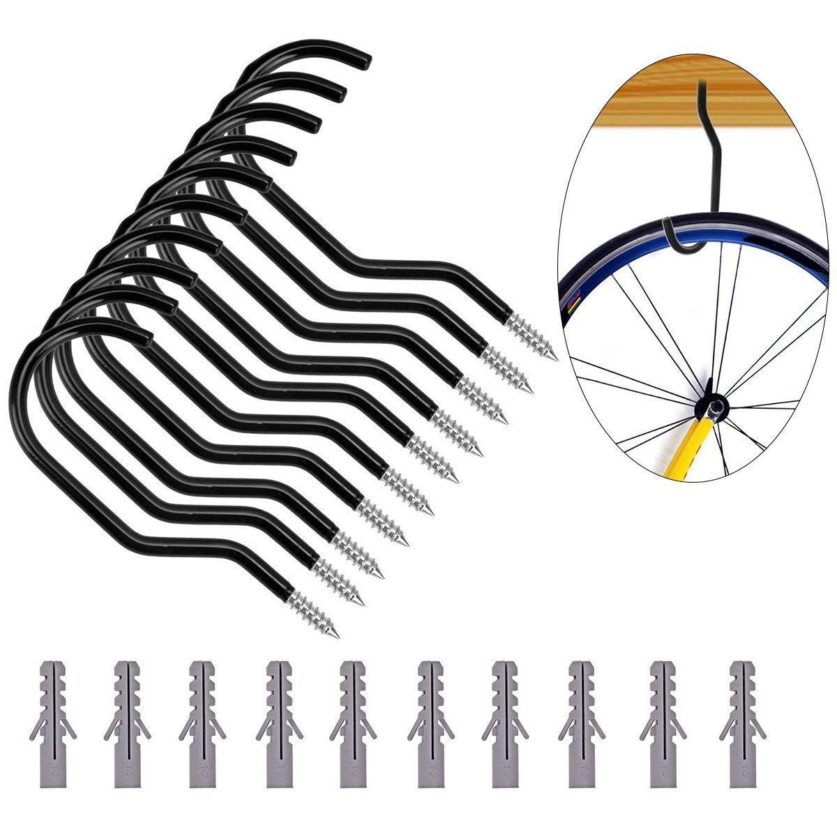 BESTOMZ Bike Hook,10 Pack Heavy Duty Bike Hanger Bike Storage Hooks with 10 Pack Bolts for Garage Wall and Ceiling- Fits All Bike Types