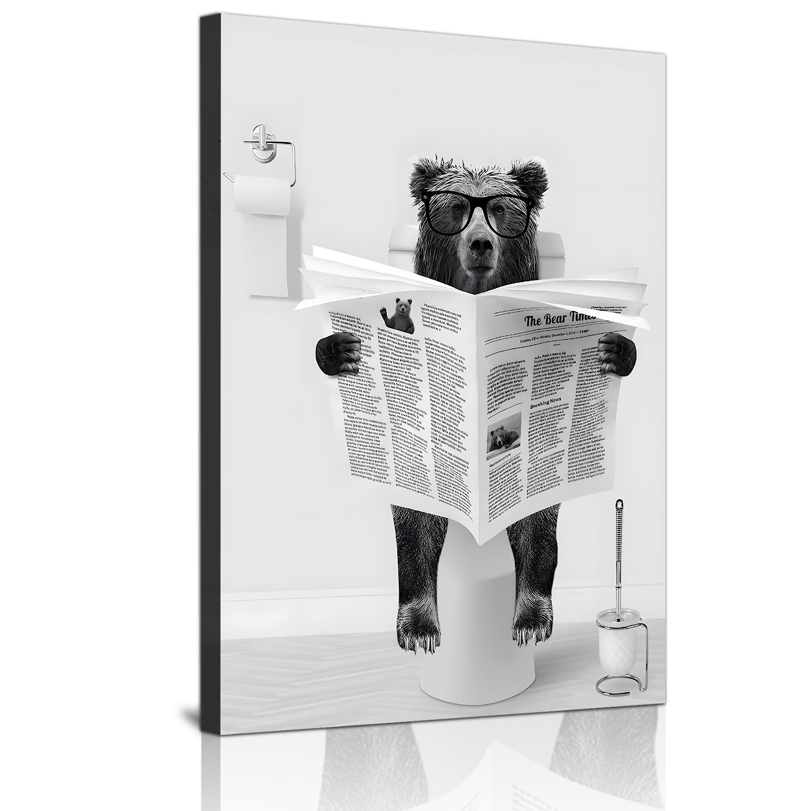 ZFTCN Funny Newspaper Animal Wall Art, Animal Wall Pictures on Toilets, Black and White Canvas Pictures, Bathroom, Bedroom Decoration, Frameless (Spectacular Bear, 60 x 90 cm)