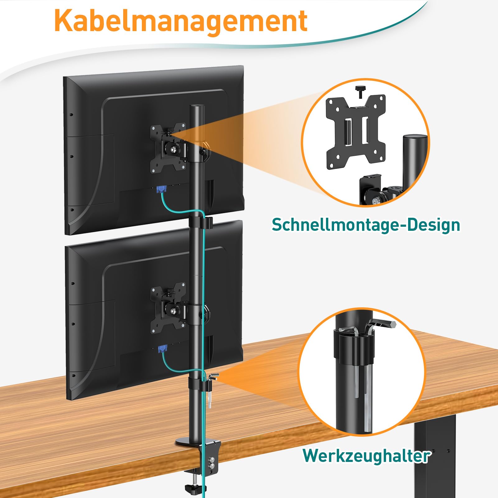 ELIVED Vertical Monitor Halterung 2 Monitore, 80cm Stange für 13-32 Zoll Monitore bis zu 8kg, Dualer Monitorständer Stack Bildschirmhalterung, Höhenverstellbar, Schwenkbar, Neigbar, EV4012 5