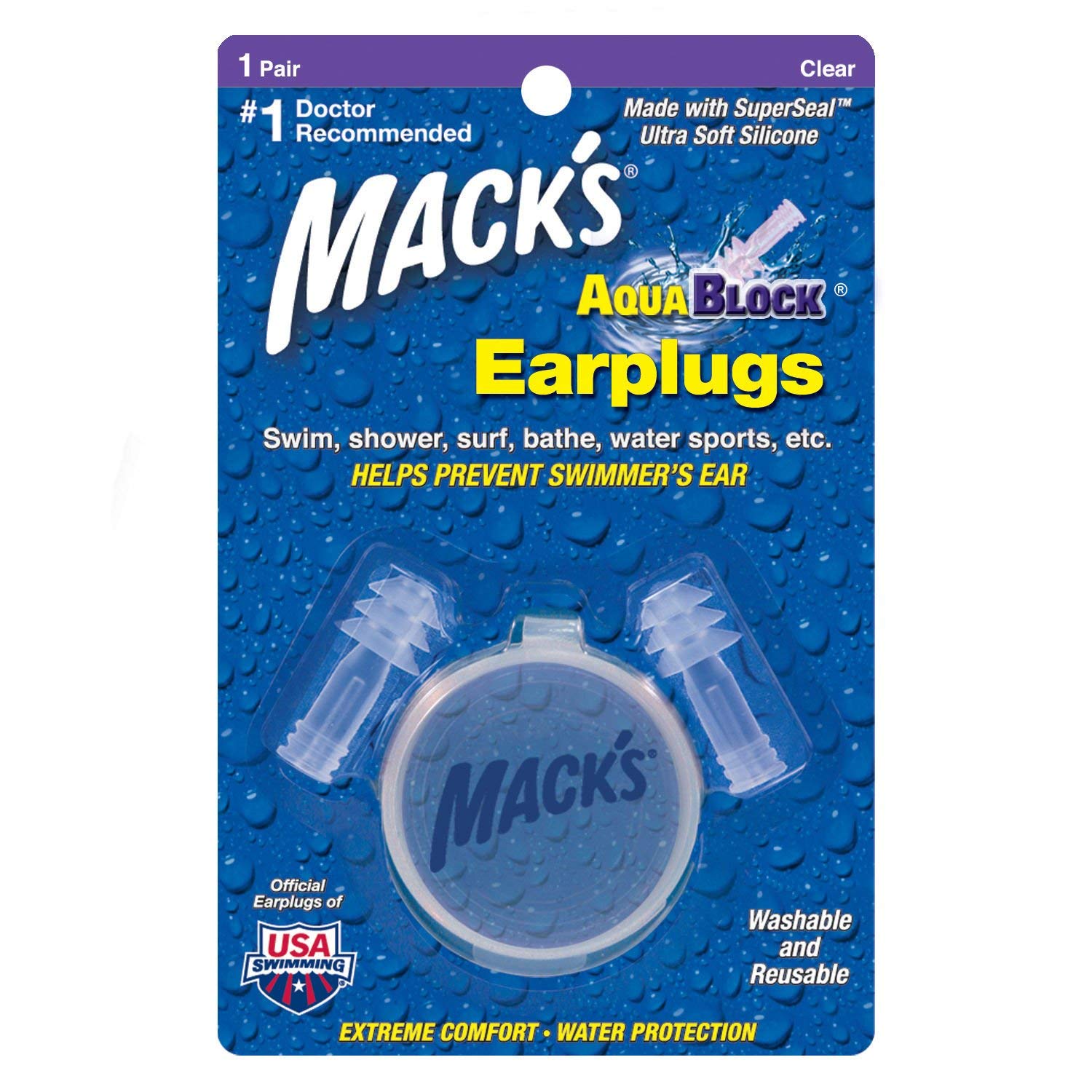 Mack's Unisex's Aquablock Ear Plugs (1 Pair), Clear
