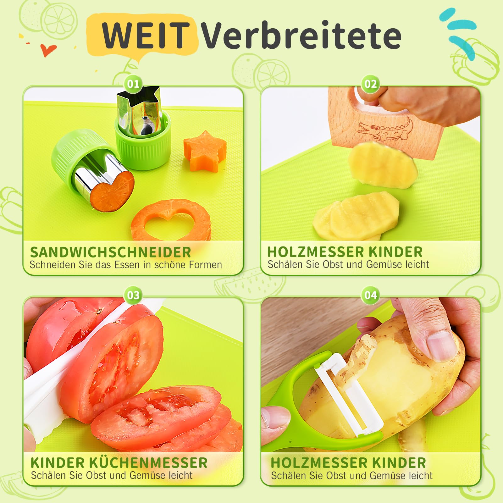 Kindermesser - 17 teiliges Kindersicheres Küchenmesser für Echtes Kochen mit Holzmesser, Schneidebrett | BPA-frei, Kinderfreundlich Lernmesser, Montessori Messer, Kinder Schneidemesser ab 2 jahre 4