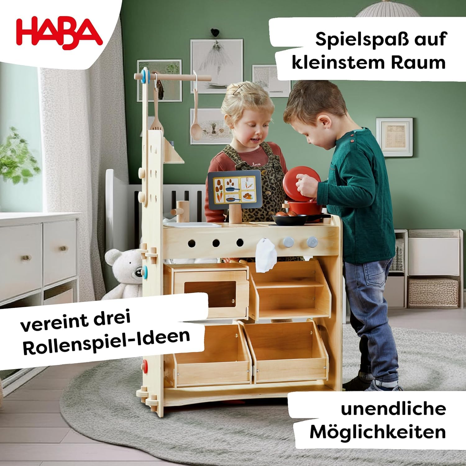 HABA Creative Play 3 in 1 - Spielküche, Kaufladen & Werkstatt für Kinder ab 3 Jahren - Werkzeugloser Aufbau & Einfacher Wechsel - 2011830001 7