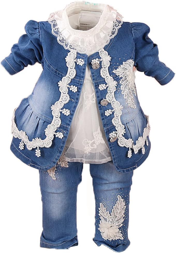 YaoSpring Autumn Infant Little Baby Girls Clothing Set 3 Pieces Sets T Shirt Jacket and Jeans