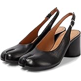 KOKOMOMO Black Split Toe Slingback Heels for Women Japanese Tabi Shoes Cylindrical Block Heels Pumps Chunky Heel Office Wedding Party Dress Shoes