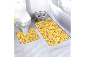 Jbofyee Cute Bees and Yellow Honeycomb 2 Piece Bathroom Rugs Set, Bath Mat + Toilet Contour Mat, Non-Slip Soft Microfiber Bathmat for Tub Shower Room Decor, Machine Washable