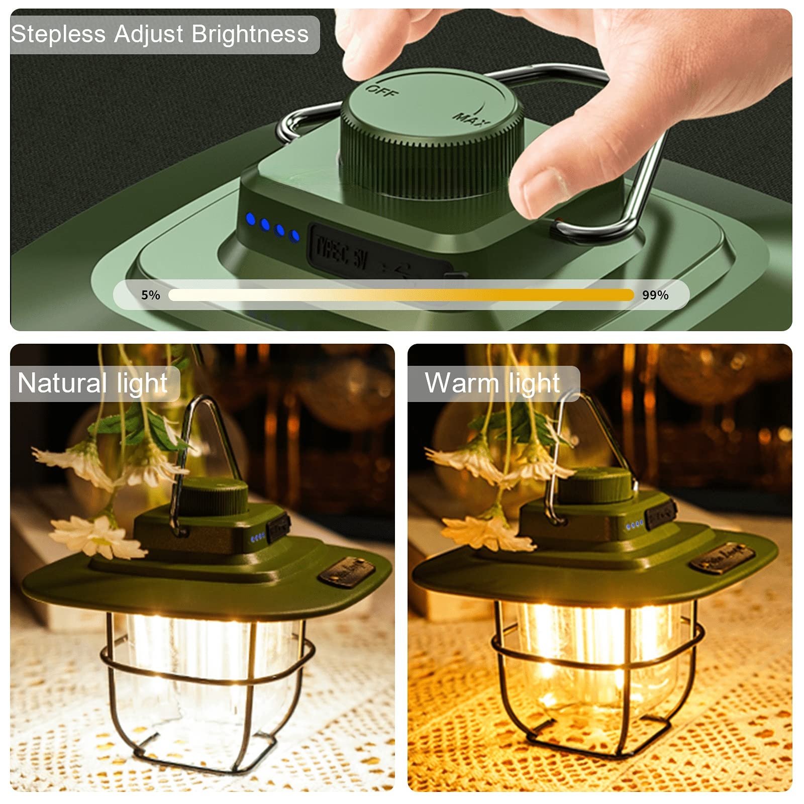 LED Campinglampe Aufladbar Dimmbar Vintage Wasserdicht Campinglaterne Akku Campingleuchte Laterne Campinglicht für Camping Wandern Notfall Angeln Stromausfällen 5