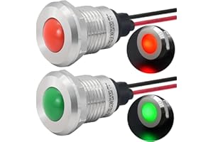 ZGSZJHF Indicator Light 12mm 0.47" LED Lamp with 140mm/5.5" Wire 12V/24V AC/DC Pilot Lights Waterproof IP67 Metal Stainless Steel Signal Indicator Lamp Panel 2PCS (Green+Red, 12-24V DC/AC)
