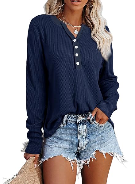 ACELITT WOMENS BLUE WAFFLE KNIT TUNIC TOPS FALL 2024 CASUAL LOOSE LONG SLEEVE BUTTON DOWN V NECK HENLEY SHIRTS X-LARGE