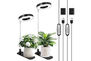 LBW Grow Light for Indoor Plants, Full Spectrum Halo Plant Grow Light with Base, Height Adjustable Plant Lamp with Auto On/Off Timer 4/8/12H, 4 Dimmable Brightness, for Small Plants, Black, 2 Packs
