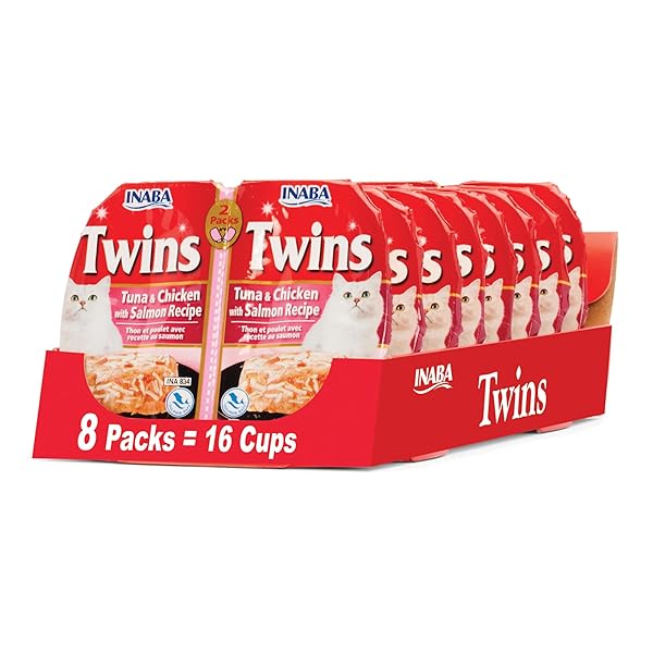INABA TWINS FOR CATS, SIDE DISH/TOPPER CUPS, 1.23 OUNCES PER SERVING, 16 SERVINGS, TUNA & CHICKEN WITH SALMON RECIPE