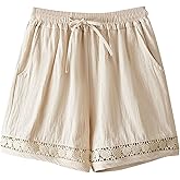 Linen Shorts for Women Wide Leg High Waist Drawstring Shorts Lace Cut Out Summer Beach Pant 2026 Vacation Outfits