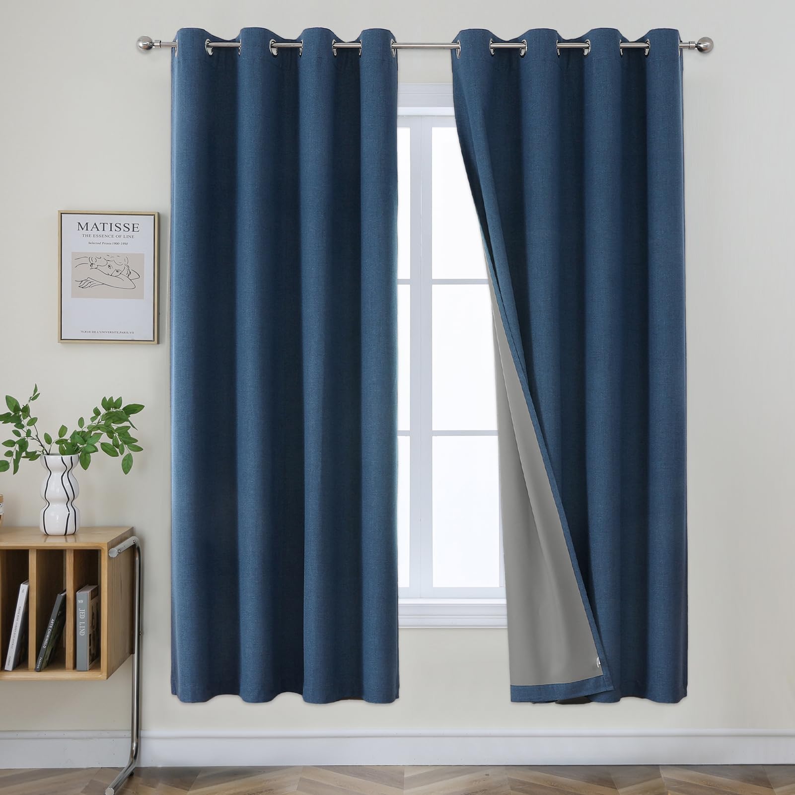 Joydeco 100% Blackout Lined Curtains Bedroom W55 x L69 Inch Drop, Faux Linen Textured Thermal Insulated Eyelet Curtains with Coating Back Layer for Living Room Bedroom, Navy Blue - 2 Panels
