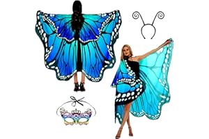 SUNLISKY Adult Butterfly Costume Women Monarch Butterfly Wings Adult Moth Wings Two Layer Cape Shawl Halloween 3Pcs Mask Hairband