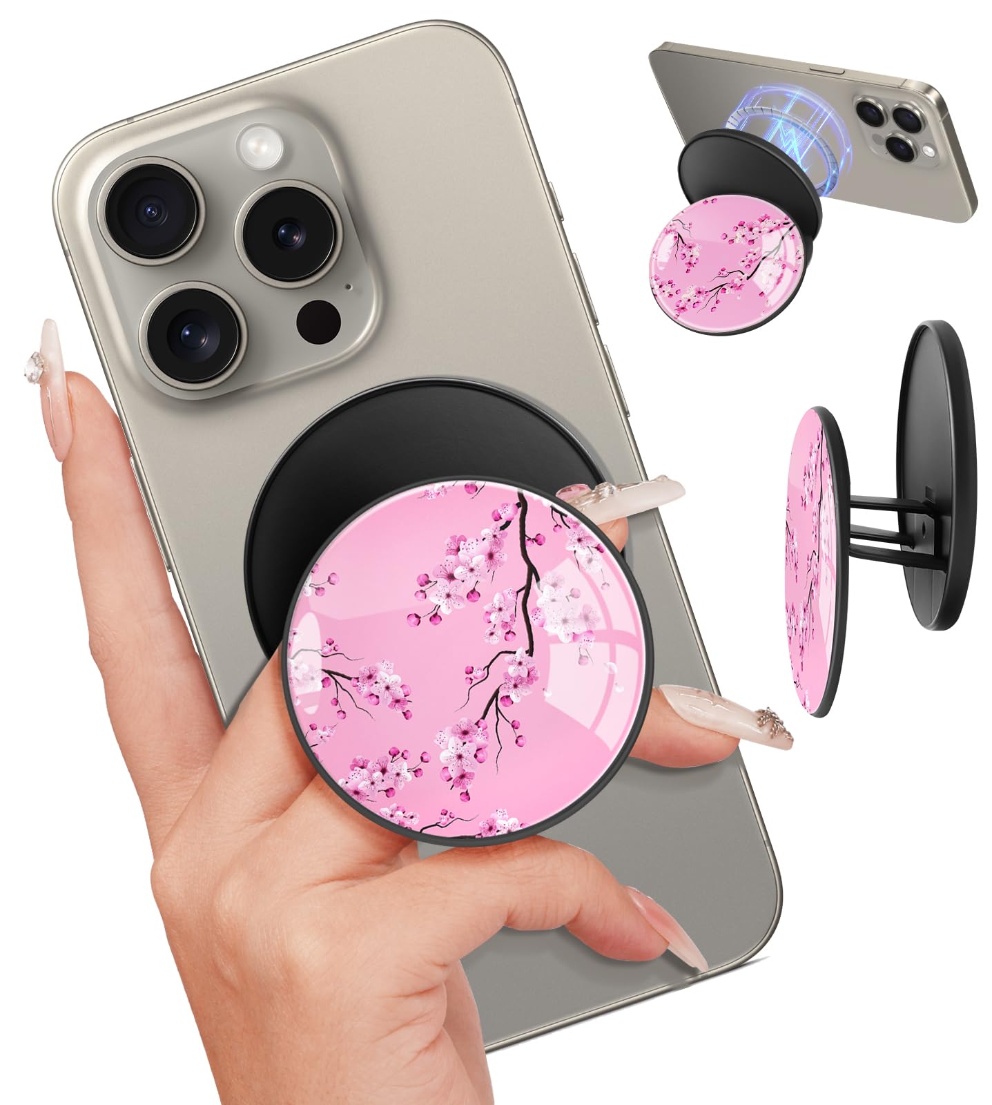 LISEVO Magnetic Phone Grip Compatible with MagSafe - Magnet Phone Grip Stand Magnetic Removable Finger Ring Holder Kickstand Cute Magnet Accessories for iPhone 17 16 15 14 13 12 Series, Blossom