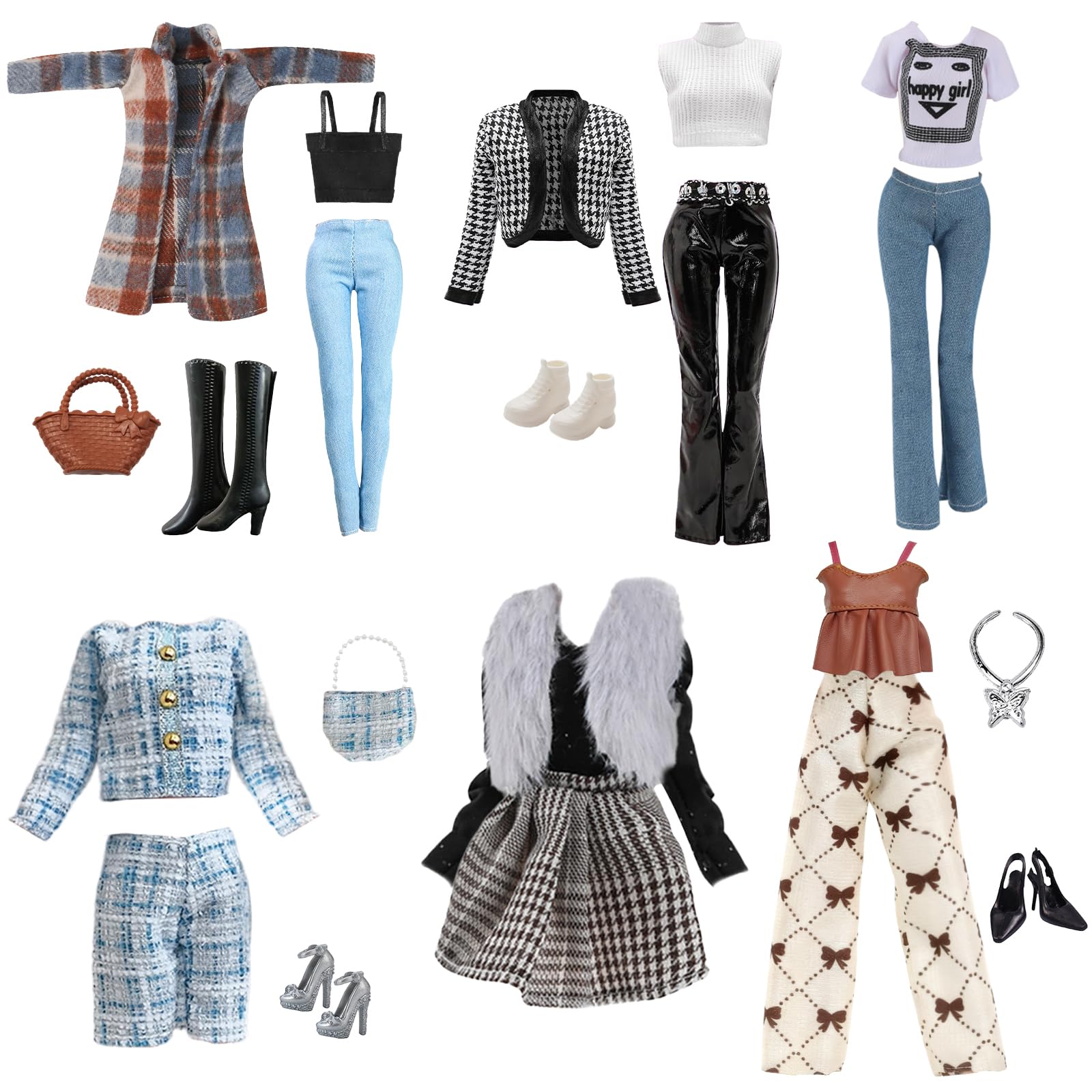 21 Pcs Doll Clothes and Accessories Compatible with Barbie 1 Houndstooth Coat 1 Plaid Coat 4 Top 4 Pants 1 Elegant Plaid Suit 1 Plush Vest Dress 4 Shoes 2 Bag 1 Necklace for 11.5 Inch Dolls Girls Gift