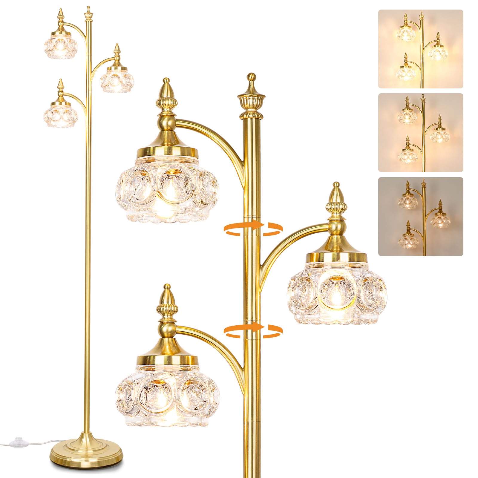 Photo 1 of JUNNAI Gold Floor Lamp, Dimmable Tree Floor Lamps for Living Room Brass Tall Standing Lamp with 3 Rotatable Lights Glass Shade 66.5'' Modern Corner Lamp for Bedroom Office(3LED Bulbs Included)