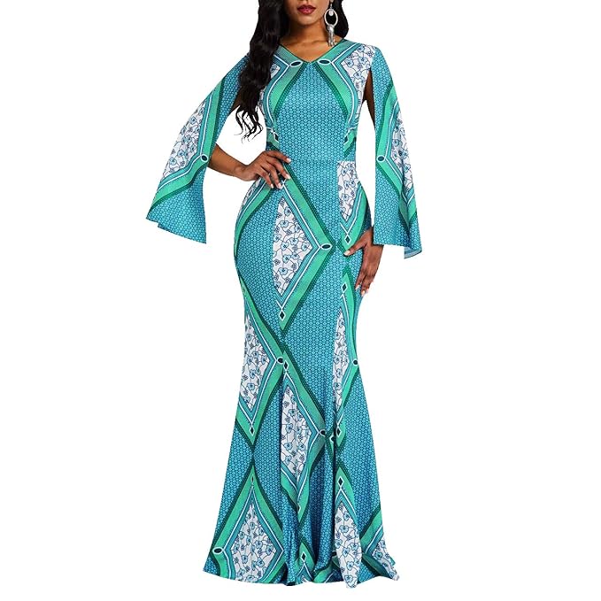 Verwin Mermaid Long Sleeve Print Patchwork Women S Maxi Dress Floor Length Bodycon Dress