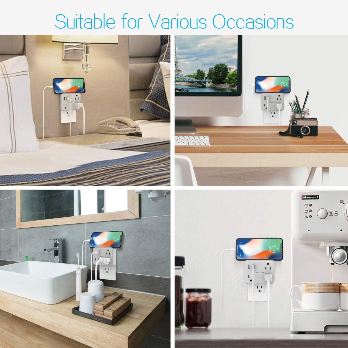 Multi Plug Outlet Extender for Cruise Essentials, TANOSEE Wall Outlet Plug Splitter with USB Wall Charger, Multiple Power Outlet Expander with Charging Station - - 