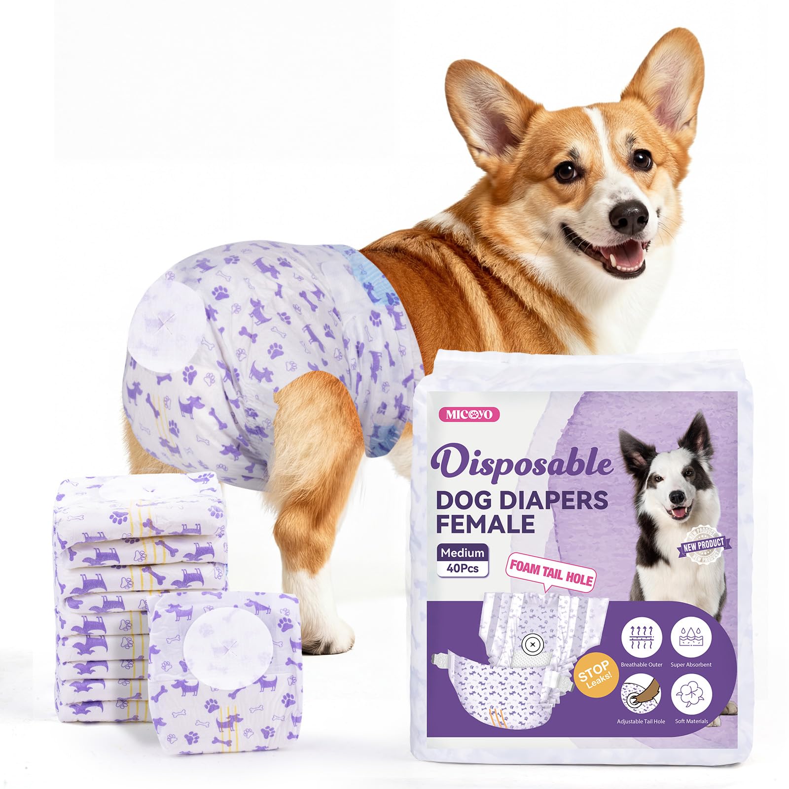 MICOOYO Dog Nappies Female 40 count, Disposable Dog Period Pants with Adjustable Tail Hole, Super Absorbent Diapers for Female Dogs Cat in Heat Season Incontinence(M)