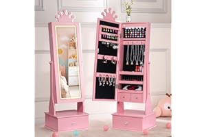 HOBBYFIELD Kids Jewelry Armoire Cabinet with Full-Length Mirror, 46" Jewelry Armoire with Led Light, Kids Jewelry Organizer with 3 Storage Drawers, Kids Vanity Dress Up Mirror Jewelry Cabinet for Girls（Pink)