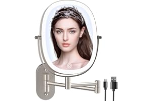 FUNTOUCH Wall Mounted Lighted Makeup Vanity Mirror, Double Sided 1X 10X Magnifying Bathroom Mirror, 3 Color Lighting Option Dimmable, Extended Arm 360 Rotation Oval Frame Shaving Light up Mirror