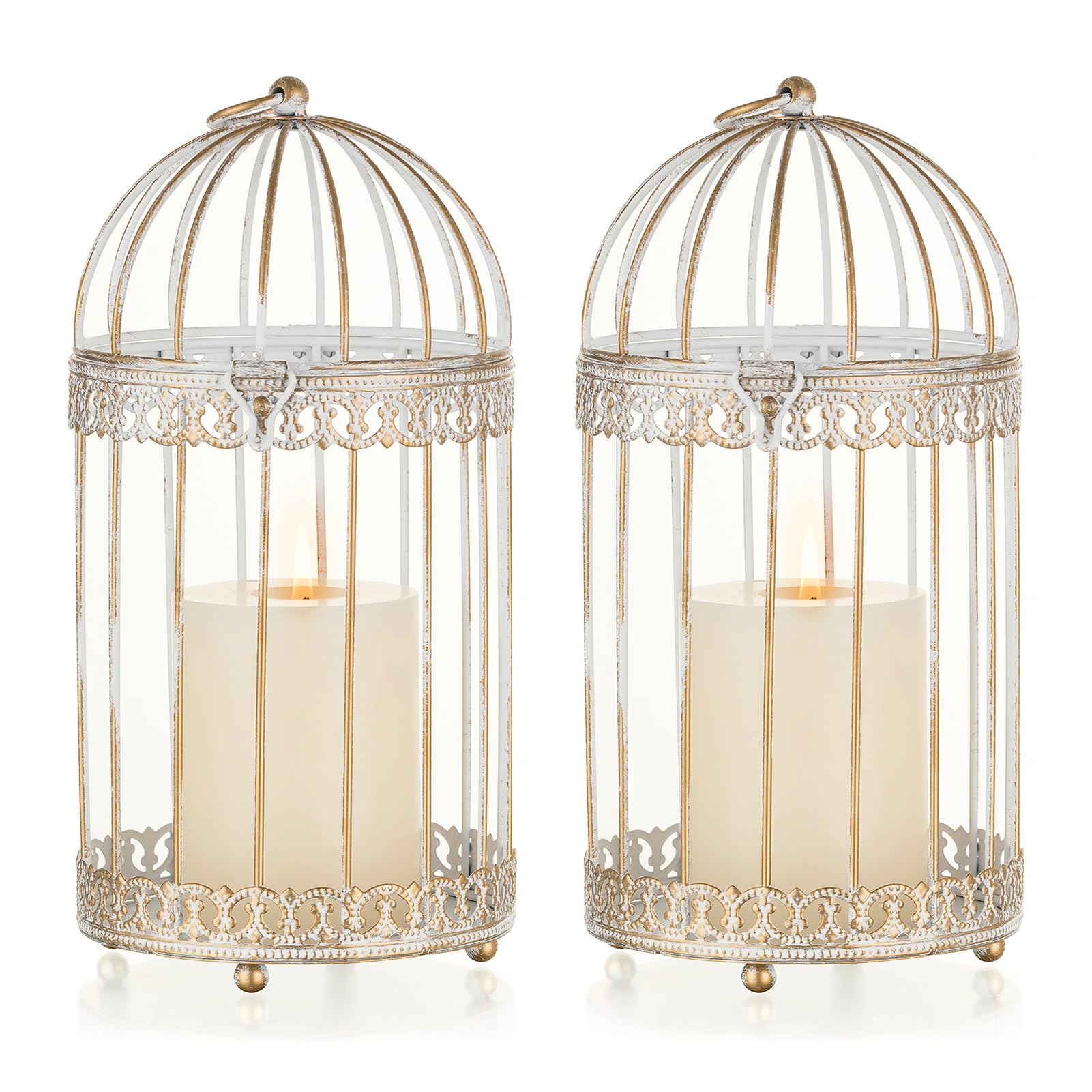 NUPTIO Decorative Bird Cage Lantern: 2 Set of 25.5cm Tall Rustic White Birdcage Lanterns Centerpiece Vintage Decorating Metal Pillar Candle Holder for Christmas Bridal Shower Party Decor