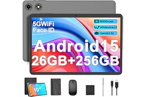 SUICOEY Android 15 Tablet with Keyboard - 26GB RAM + 256GB ROM , 2TB Expand, 10 inch 2-in-1 Tablets with 5G/2.4G WiFi, 8000mAh, BT5.0, 5MP+13MP, Split Screen, Widevine L1, Mouse, Case, Stylus (Black Case)