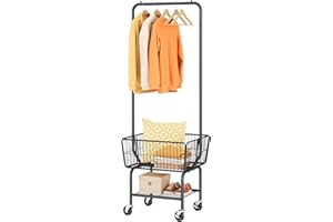 Tajsoon Laundry Cart with Hanging Rack, Metal Laundry Basket with Wheels, Laundry Hamper with Storage Basket and Shelf, Rolling Laundry Cart with Wheels, Black