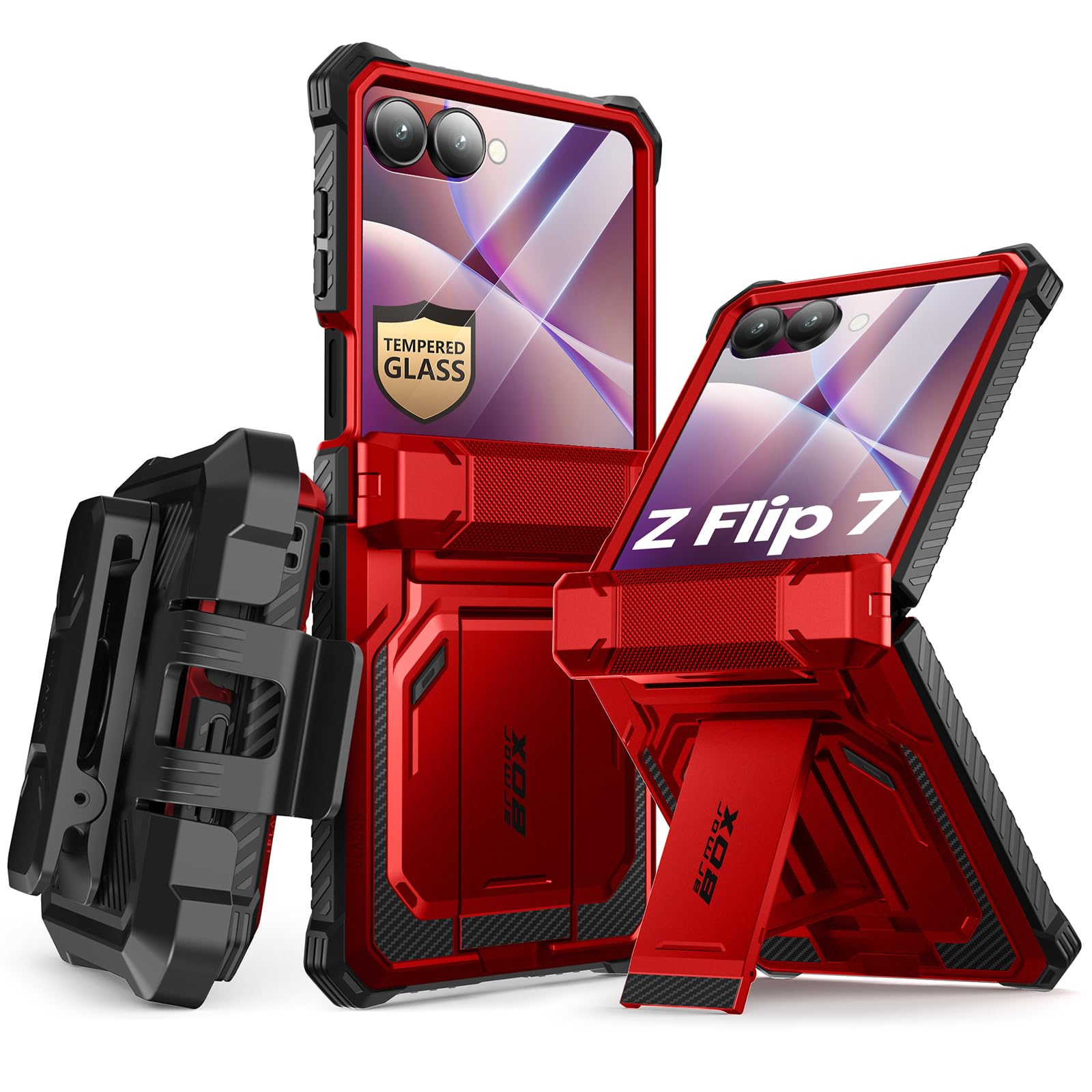 Photo 1 of i-Blason for Samsung Galaxy Z Flip 7 Case with Stand, [Tempered Glass Screen Protector] [Hinge Protection] [Belt-Clip], Full-Body Military Protection Phone Case for Samsung Z Flip 7, Armorbox, Red