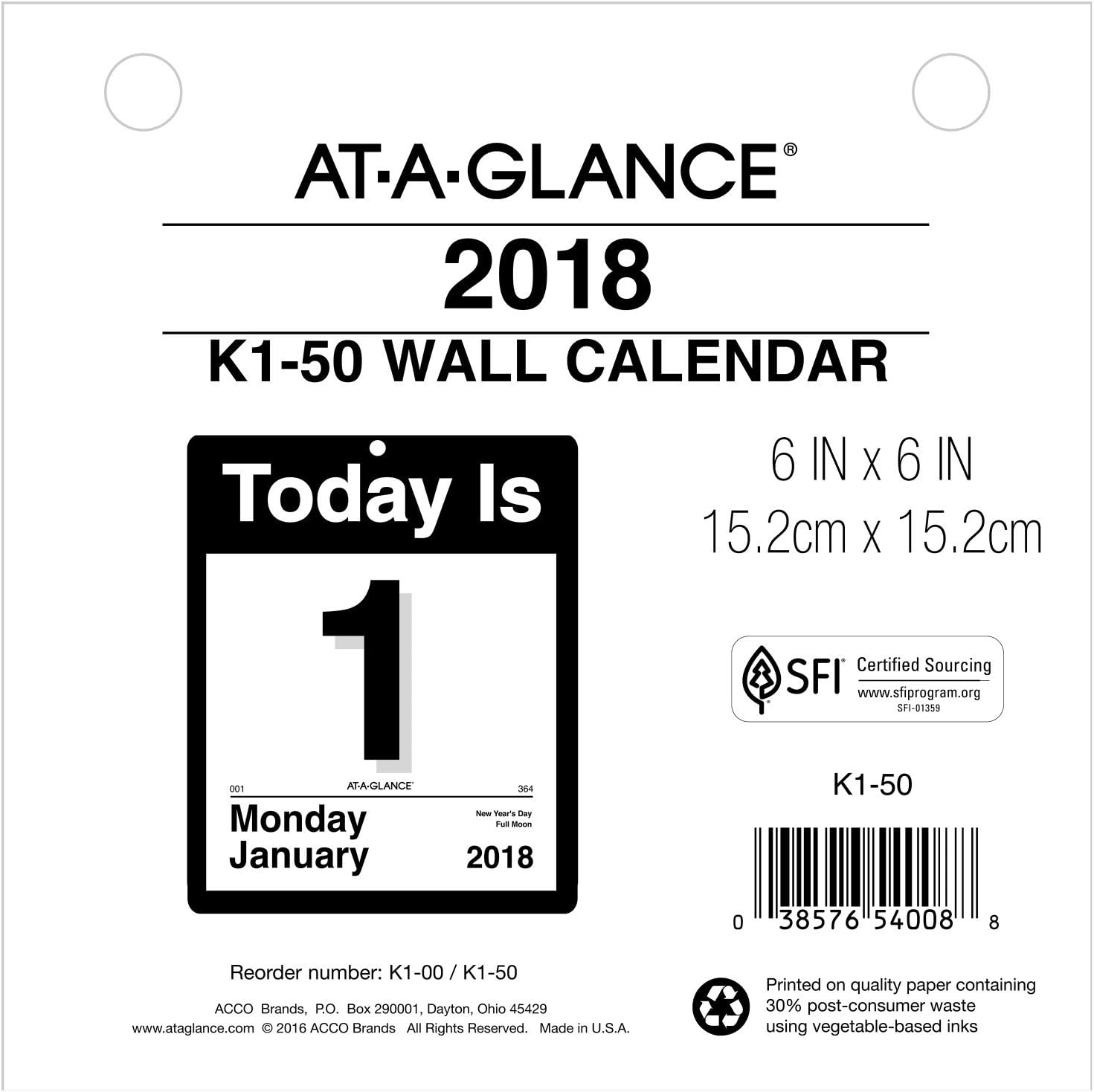 AT-A-GLANCE Daily Wall Calendar Refill, January 2018 - December 2018, 6" x 6", "Today Is" Design (K150)