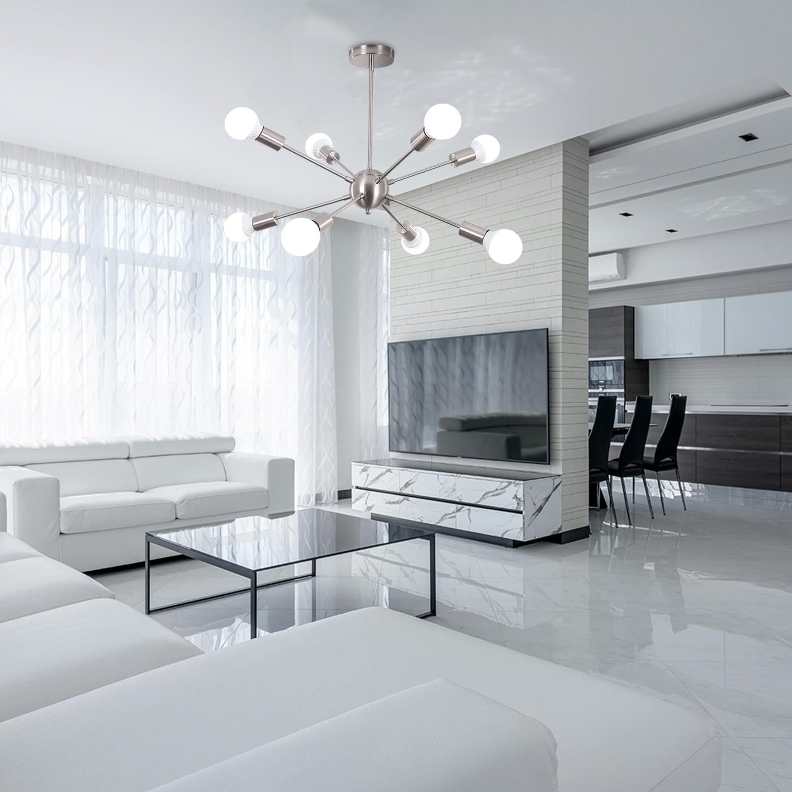 zhxinashu Living Room Lights Ceiling, Modern Ceiling Light, 8-Lights Sputnik Chandelier,Industrial E27 Chandelier for Living Room, Bedroom, Dining Room(Sliver)