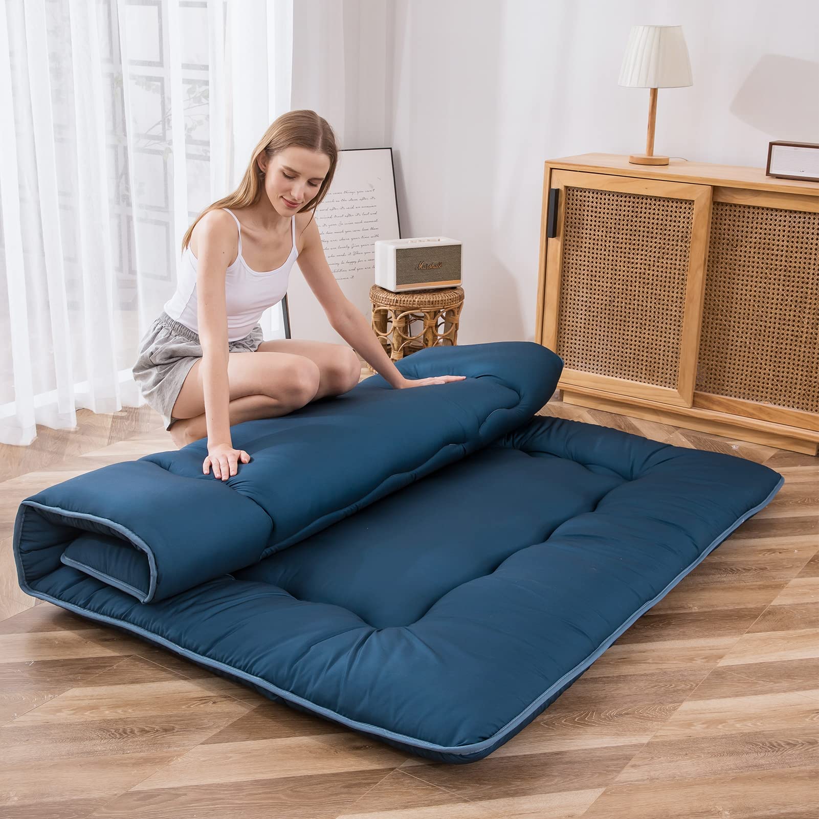 Photo 1 of MAXYOYO Japanese Floor Mattress Futon Mattress, Thicken Sleeping Pad Foldable Roll Up Floor Futon for Adults Tatami Mat Dormitory Bed Lounger, Bluestone, Twin Size