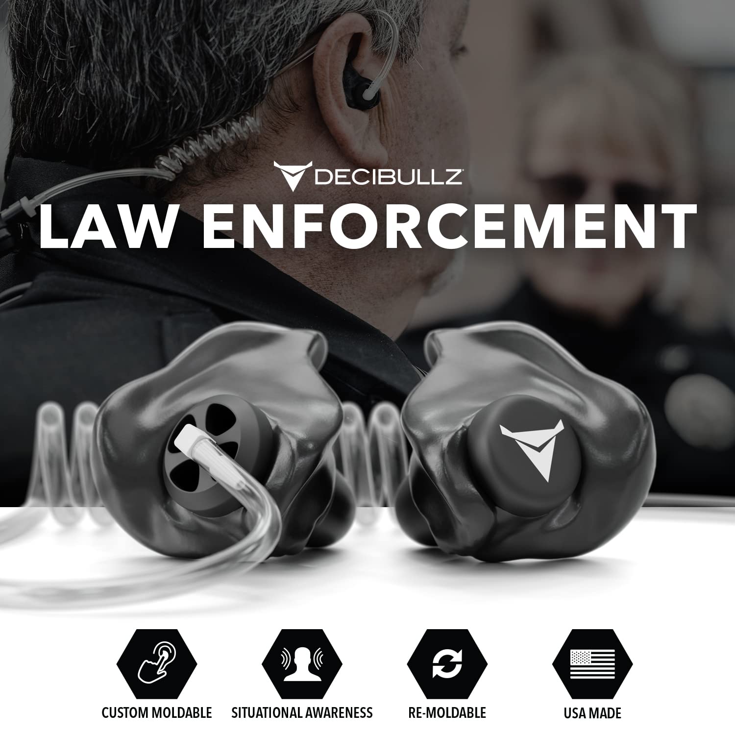 Decibullz Custom Moulded Security Two-Way Radio Surveillance Earpiece Set, Thermo-Fit Designed for Clear Acoustic Tube Radios | Model: +Awareness
