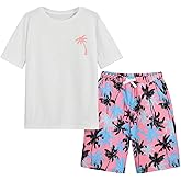 RoseSeek Boy's 2 Piece Outfits Letter and Tropical Graphic Print Short Sleeve Crewneck Tee and Shorts