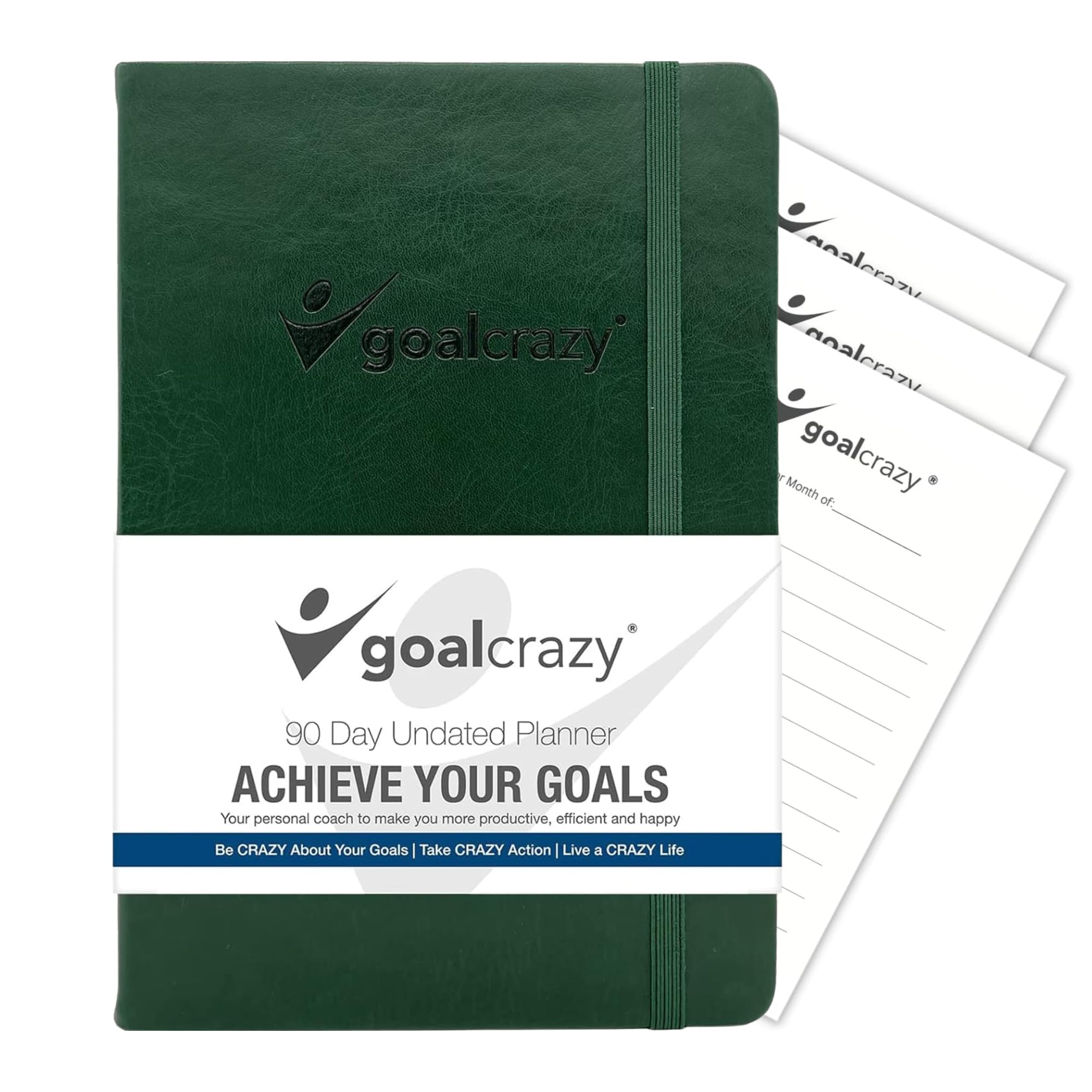 Goal Crazy Undated Daily Planner - 90 Day A5 Diary 2023, Planner Diary for Busy Schedules، Productivity Habit Tracker, Inspirational, Daily Life Planner Almond Pages (Forest Green)