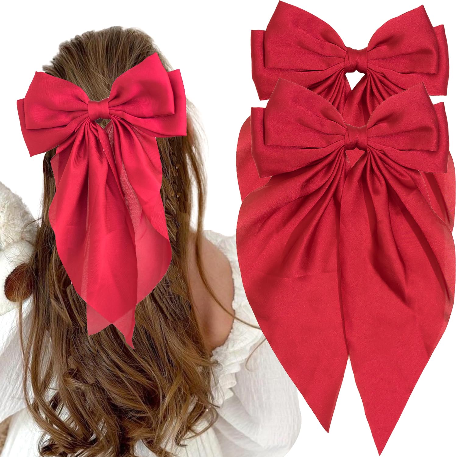 Photo 1 of 2Pcs Satin Hair Ribbon Bows for Girls, Long Tail Hair Bows with Alligator Clips Aesthetic Hair Accessories (Red)