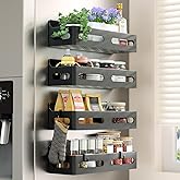 Sevenblue 4 Pack Strong Magnetic Spice Rack for Refrigerator, Multipurpose Magnetic Shelf for Fridge with 4 Hooks for kitchen and Bathroom Organization, Black