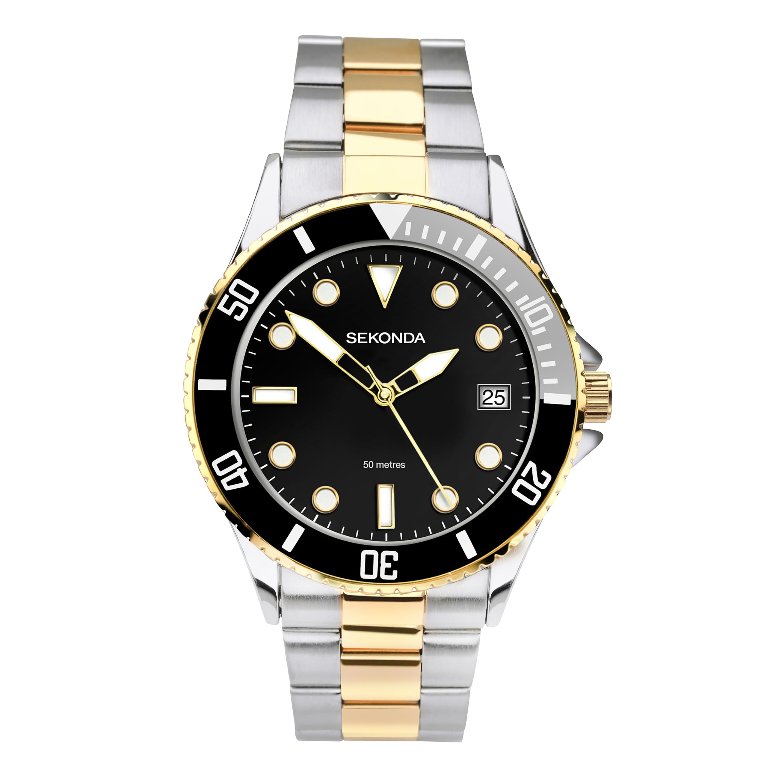 Sekonda Wave Mens Watch – 39mm Sports Watch for Men with Black Dial, Rotating Bezel, Two-Tone Stainless Steel Bracelet and Date Window – 50m Water Resistant – 2 Year Warranty