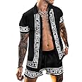 Men's Hawaiian Sets Short Sleeve Luxury Print Casual Button Down Dress Shirt Top and Shorts