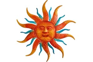 EOORAU Metal Sun Wall Art Decor, Sun Face Garden Sculptures Statues Wall Art Decorations for Indoor and Outdoor, Room Garden Porch Fence Balcony Patio Decor (Orange&Blue, 23.6inch/60cm)