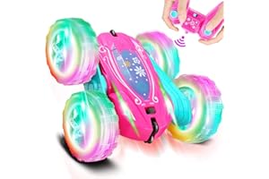 FREE TO FLY Remote Control Car for Girls : Pink RC Car Double Sided 360°Flip Stunt Cars with Headlights & WheelLights Rechargeable Toy Car Birthday Gifts for Girl Kids Age 6 7 8 9 10 11 12 Year Old