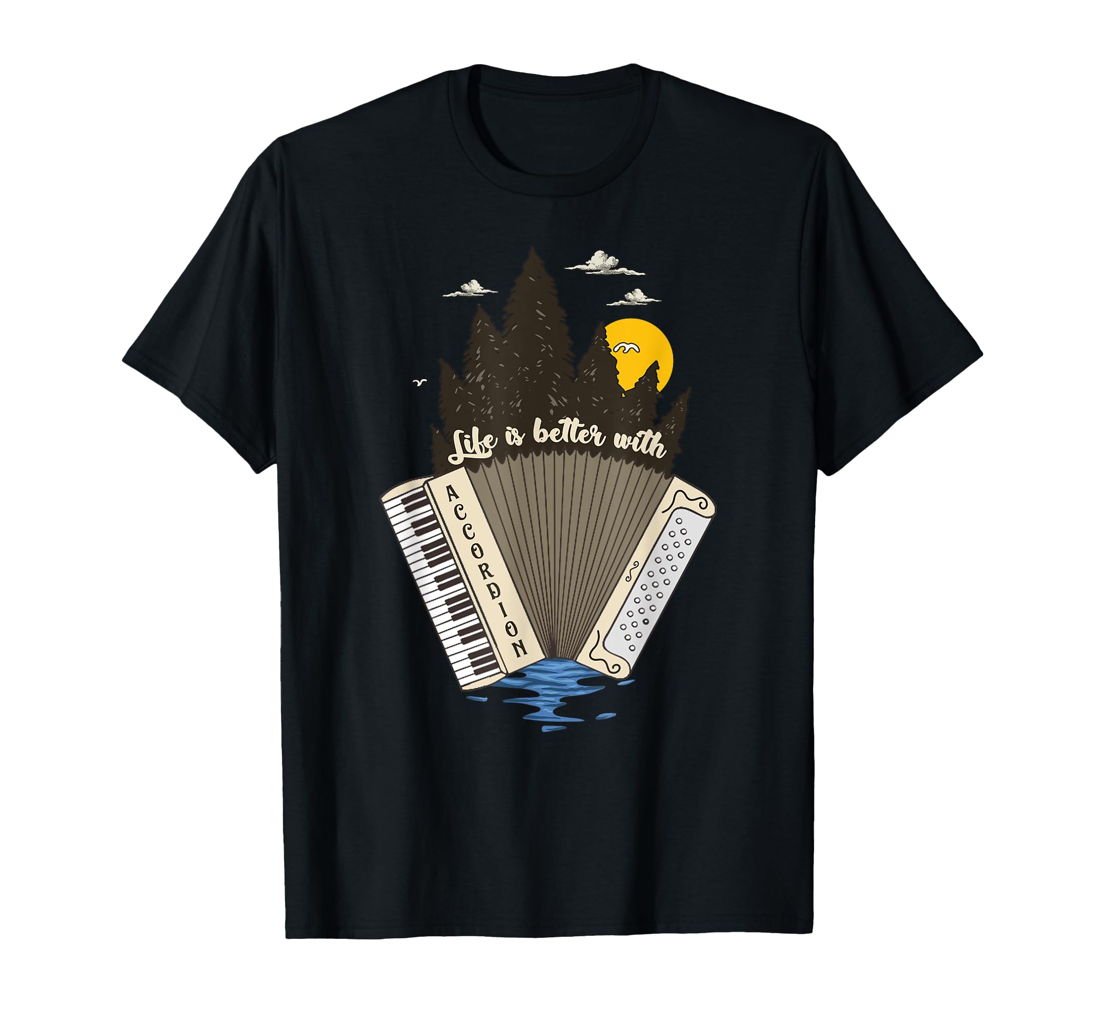 Vintage Accordion Player Instrument Landscape Art T-Shirt